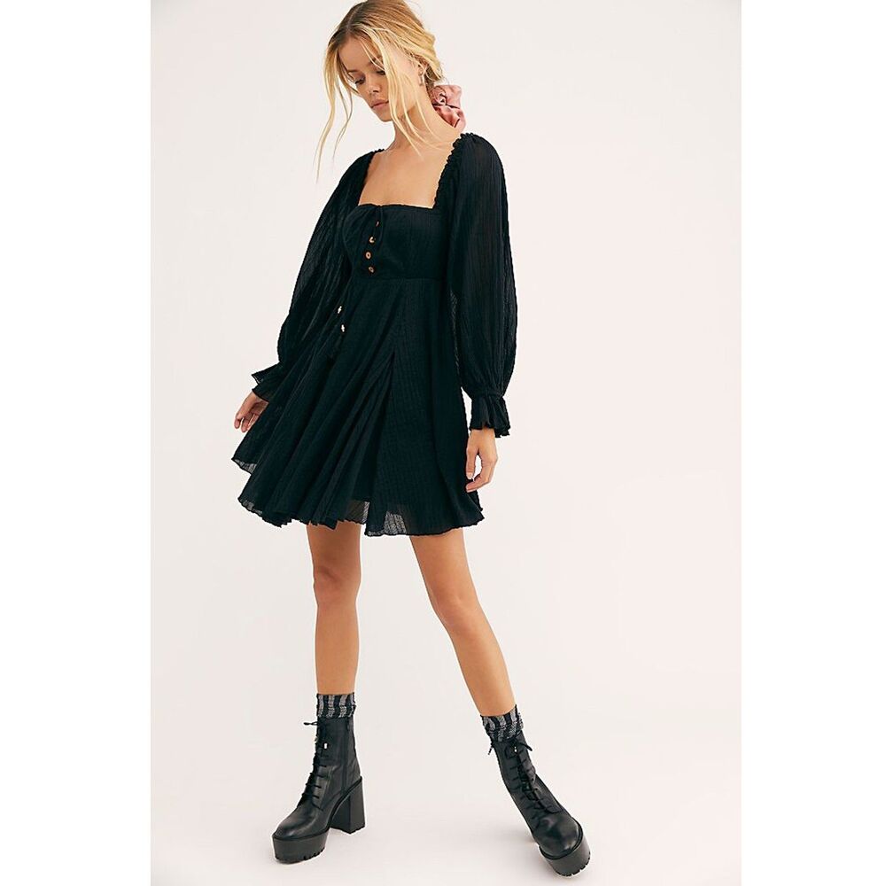 Free People How About You Free-est Mini Dress Swing Ruffle Black Cotton S 286125